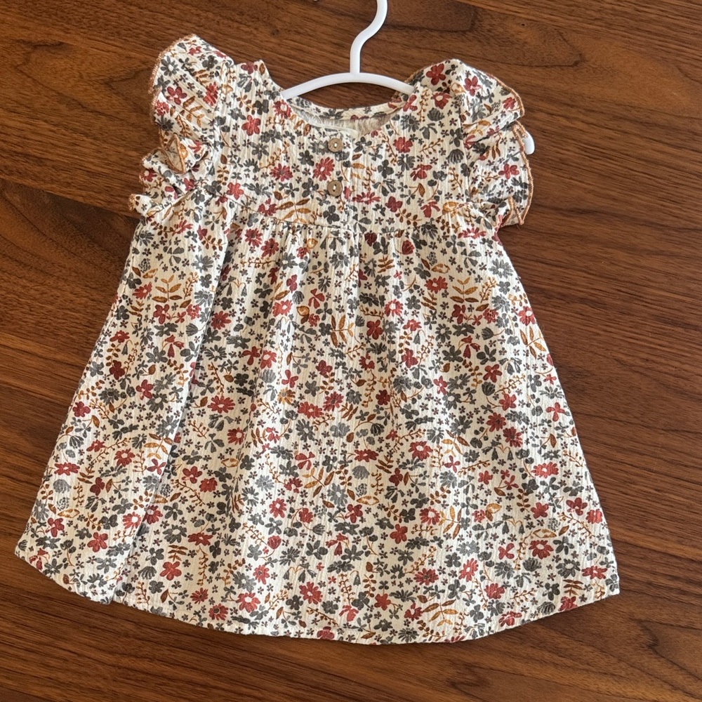 Cream Floral Flutter-Sleeve Girls Casual Dress with Rust and Gray Accents